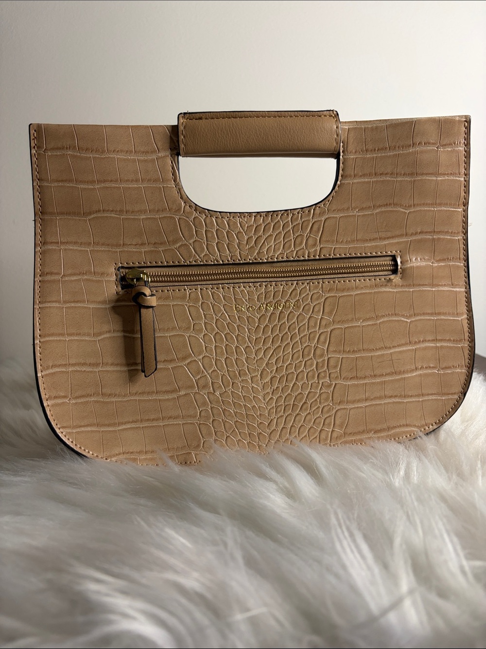 Enzo Angiolini Croc-Embossed Clutch in Tan